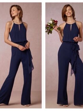 BHLDN by Anthropologie Donna Morgan Navy Halter Wide Leg Jumpsuit Tie Waist S 4